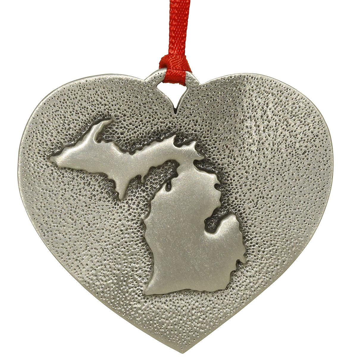 Michigan On Heart Pewter Ornament