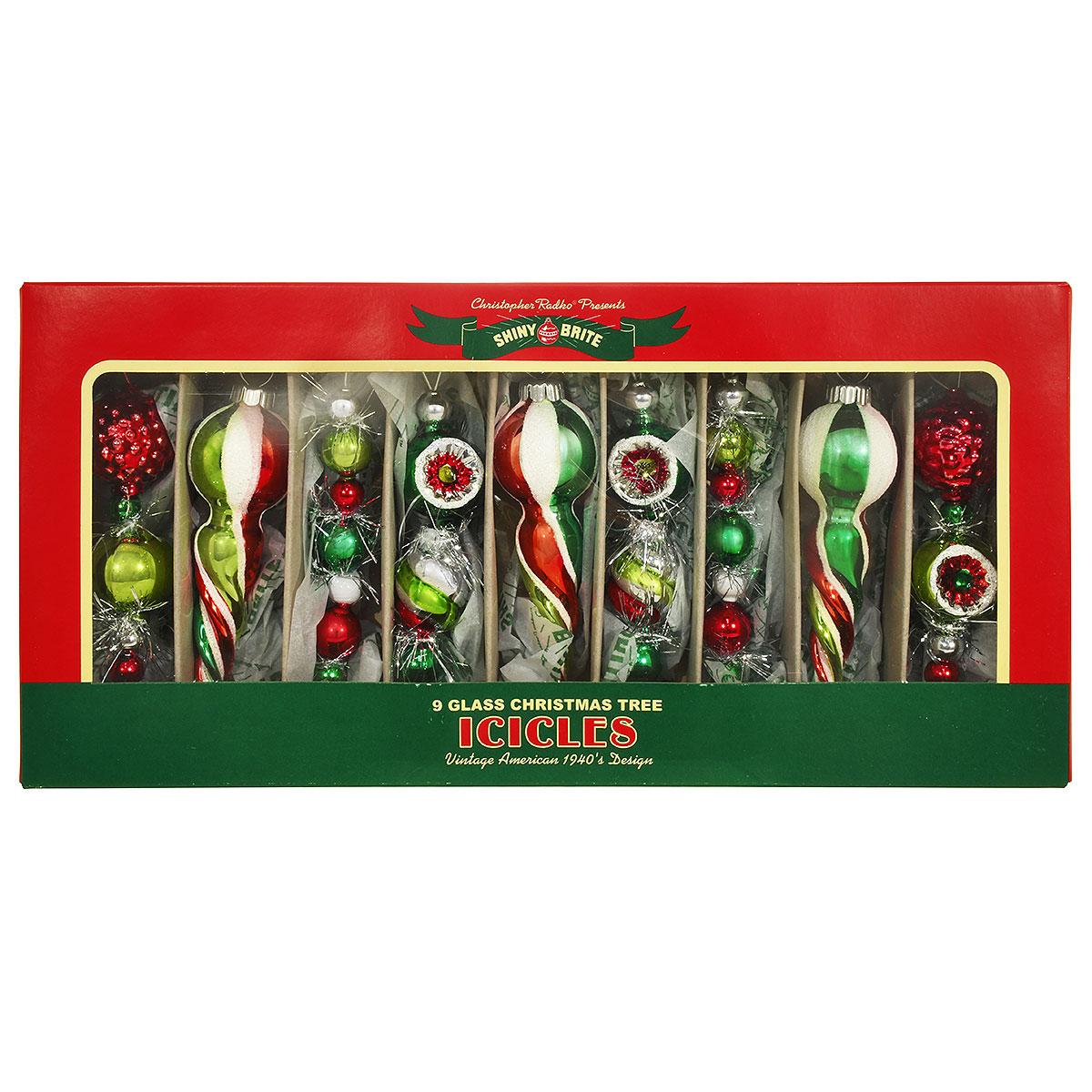 Holiday Splendor 4 Inch Glass Icicle Ornaments, Box Set Of 9