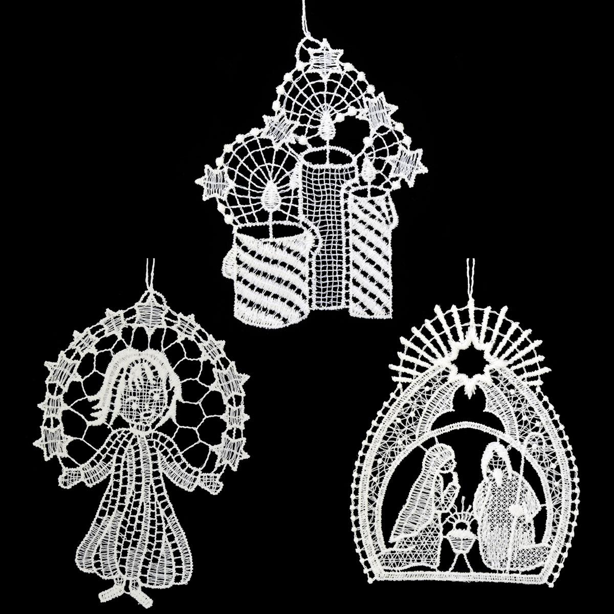 Religious Lace Stitched Ornament Set Of 3