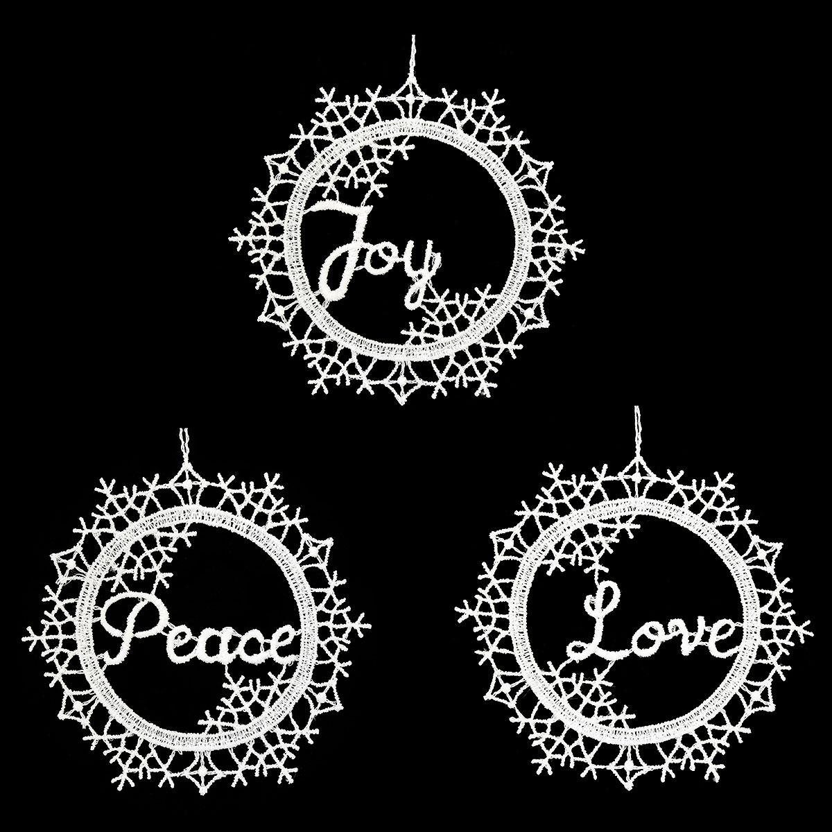 Stitched Lace Joy, Peace, Love Snowflakes Ornament Set