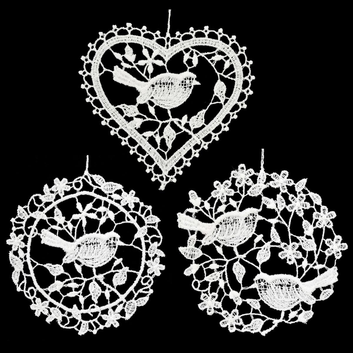 Bird Designs Lace Stitched Ornament Set Of 3