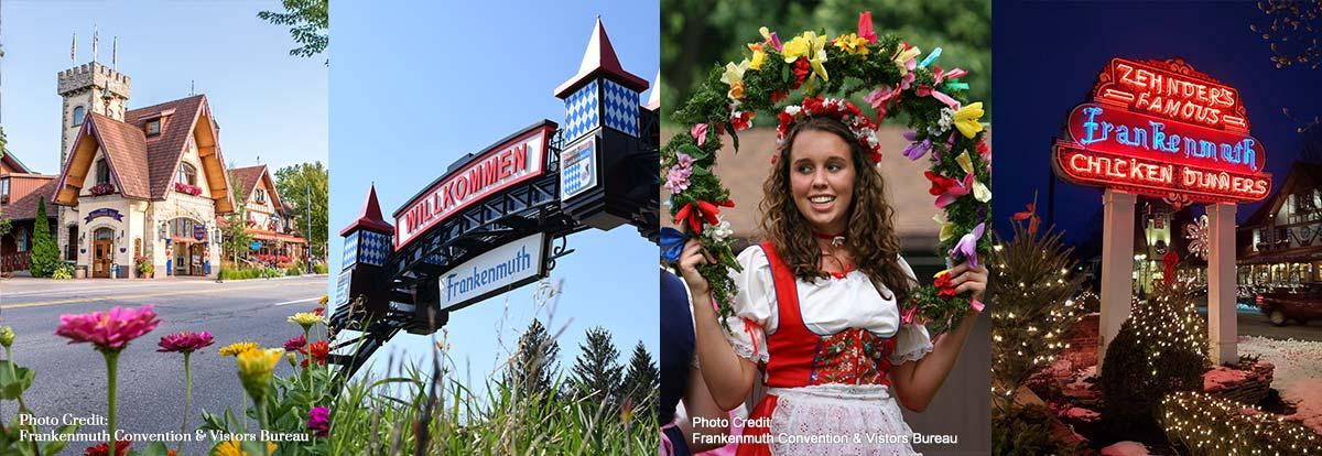 Photo collage of tourist destinations around Frankenmuth, MI