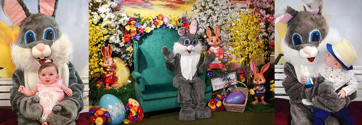 Banner of photos of the Easter Bunny visiting with happy children