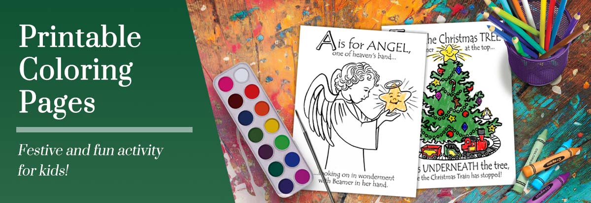 Decorative banner graphic showing a couple printed festive coloring pages partially colored in and surrounded by art supplies.