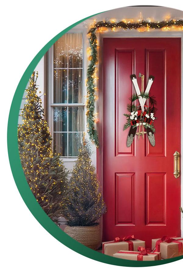 Ski Wall Ornament on a festive red front door