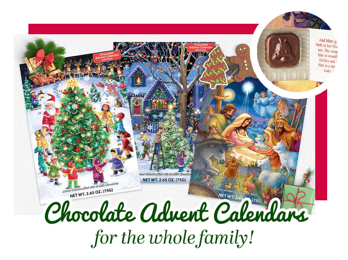 Shop chocolate advent calendars | Chocolate advent calendars for the whole family! | A display of different chocolate advent calendars