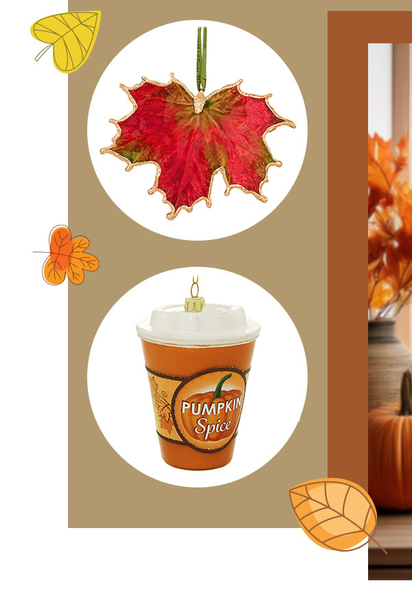 Shop Fall | Maple Leaf Glass Ornament and Pumpkin Spice Latte Ornament
