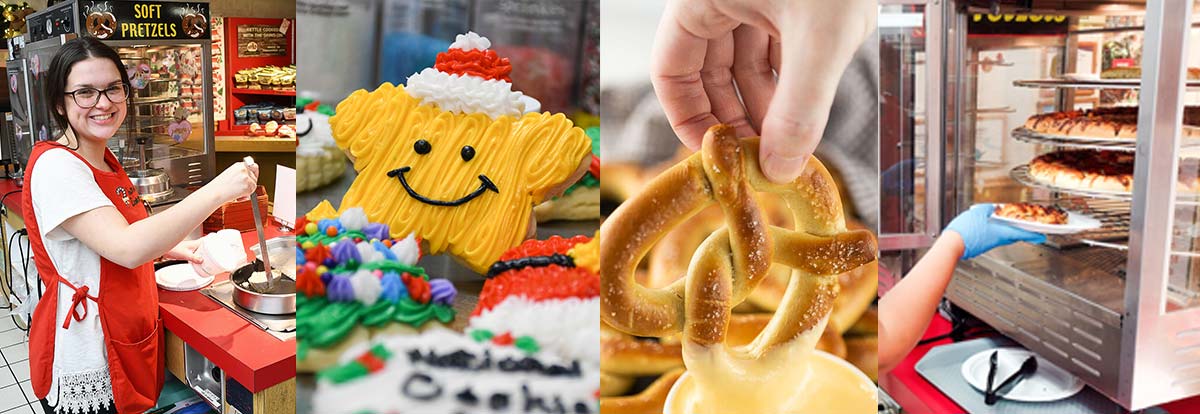 Various photos taken in the Season's Eatings cafeteria at Bronner's | Worker serving soup, decorated frosted christmas cookie, pretzel dipped in cheese, and pizza in a rotating warmer