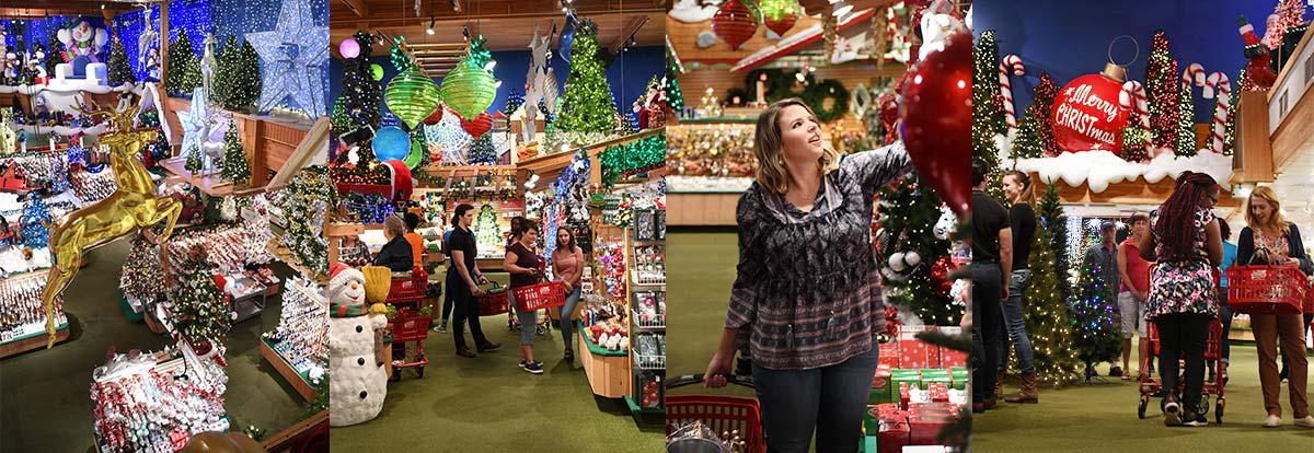 Various photos of inside Bronner's CHRISTmas Wonderland - Festive lights, decorations, and excited customers