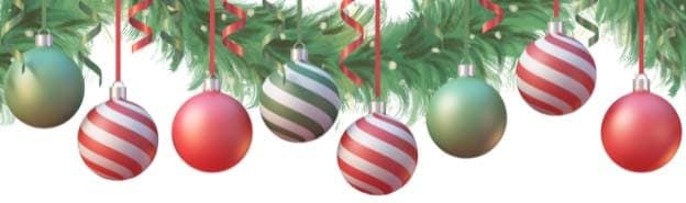 Decorative banner graphic of Christmas garland with a variety of red and green ornaments dangling.