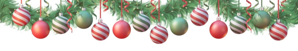 Decorative banner graphic of Christmas garland with a variety of red and green ornaments dangling.